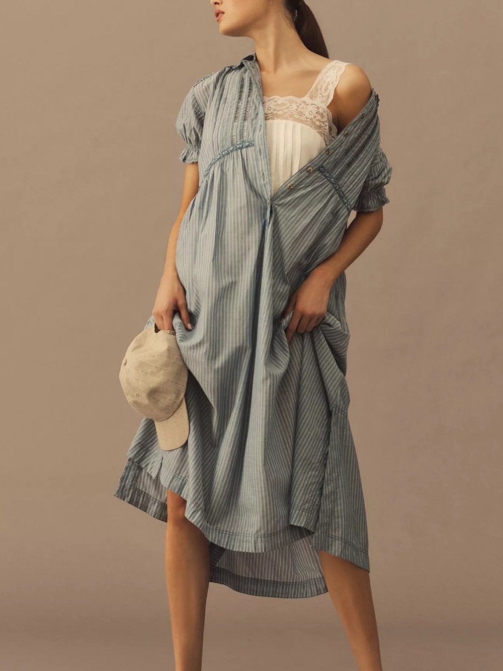 Pilcro Flowy Puff-Sleeve Shirt Dress Size Medium Blue and White Stripe